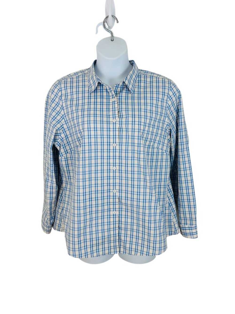 L.L. Bean Women's Plus Size 1X Plaid Long Sleeve Wrinkle Free Blue Yellow Shirt